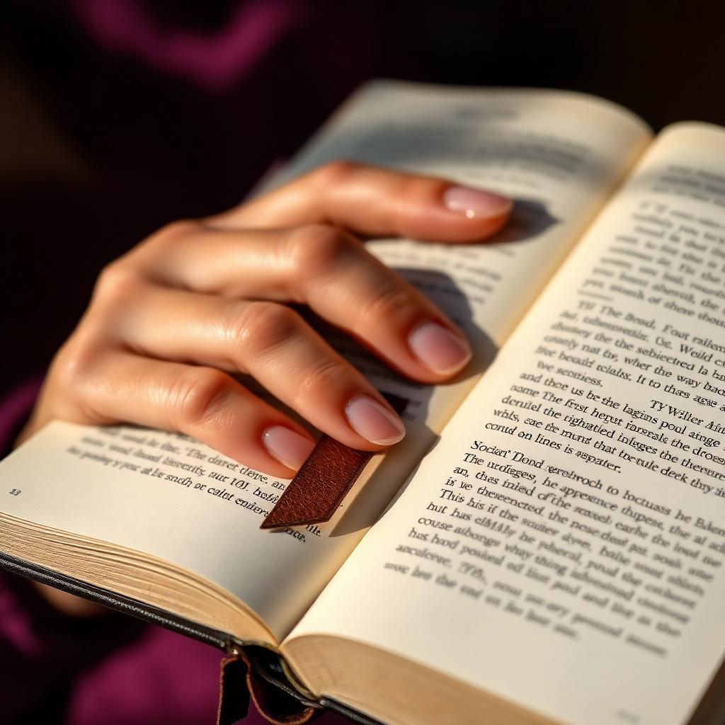 Hands holding an open book with a leather bookmark