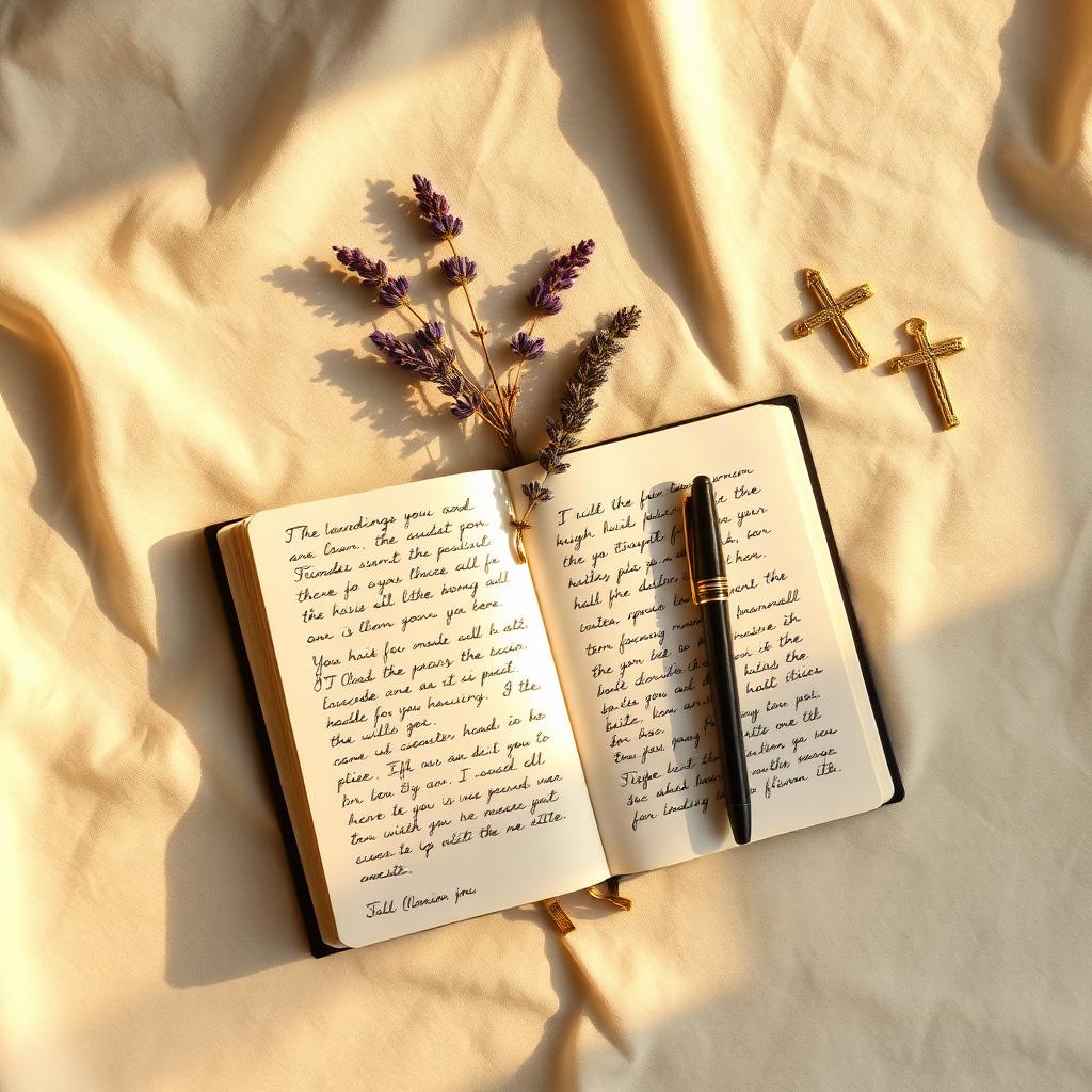 Open journal with handwritten notes, lavender, and a brass cross