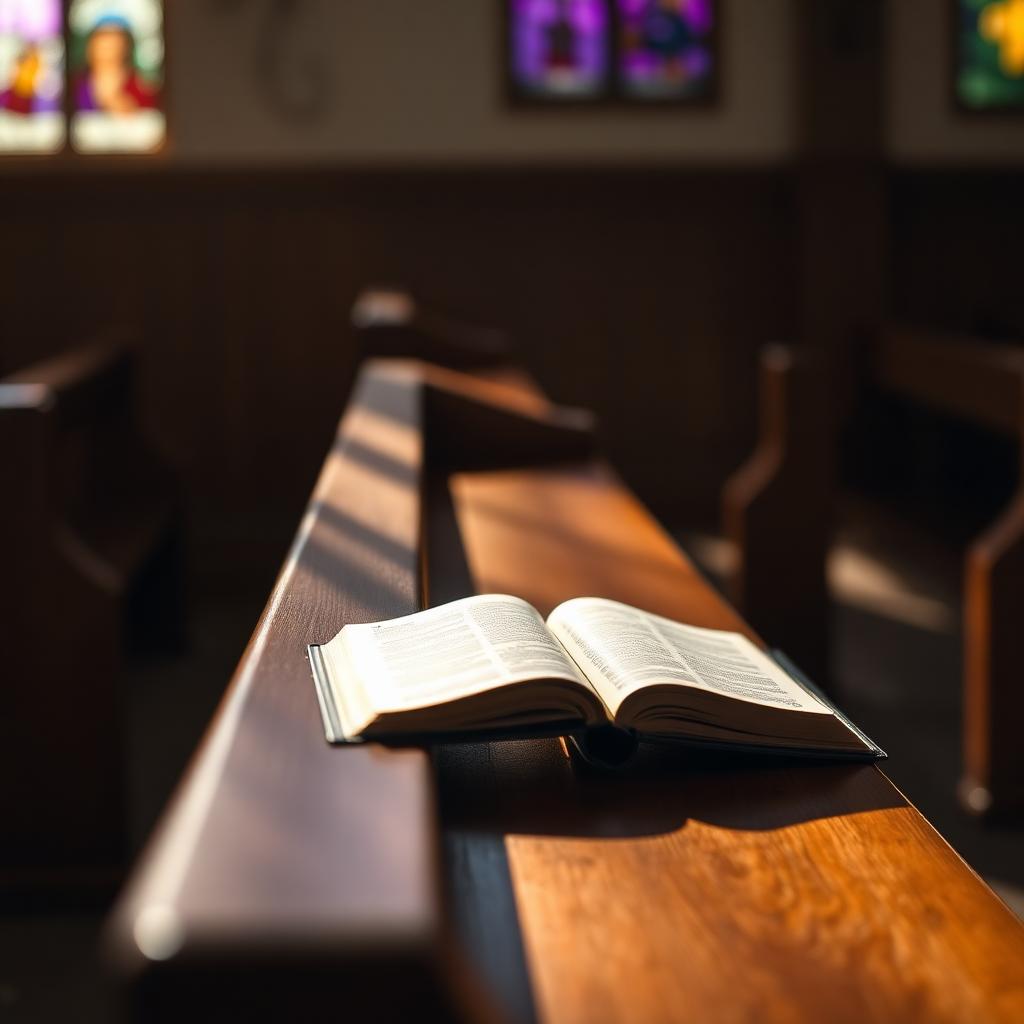A Bible resting on a wooden church pew in stained-glass light